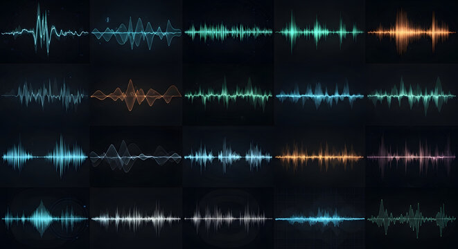Audio waveform visualizers for music production and sound design, Frequency spectrums showcasing digital audio signals, perfect for creative projects