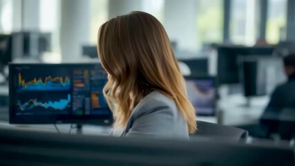 Business analyst reviewing digital market charts on multiple computer monitors inside a modern office focused on data performance trends - Powered by Adobe