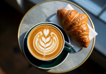 Top view of a latte art coffee in a green cup with a croissant on a cafe table.