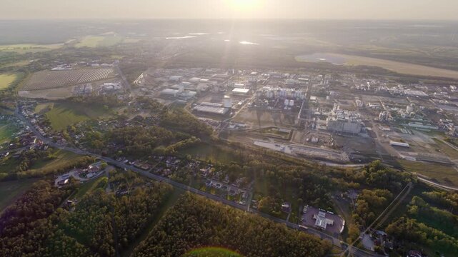 Drone flight over BASF Schwarzheide during nice sunset