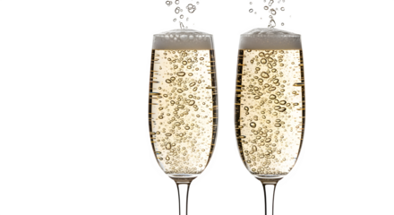 Two champagne flutes filled with sparkling wine, bubbles rising to the top, creating a celebratory and festive atmosphere