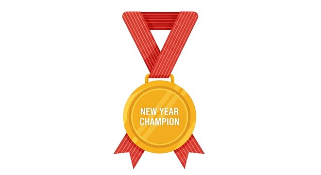 Golden Glory: A radiant golden medal with a vibrant red ribbon hangs proudly, declaring 'NEW YEAR CHAMPION' representing victory and achievement in a festive celebration.