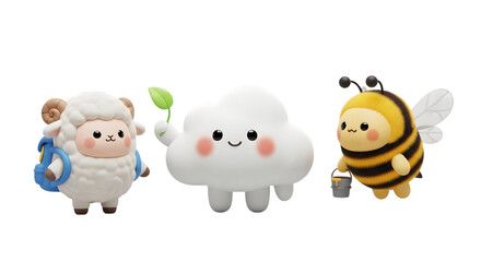 Cute cartoon sheep cloud and bee characters isolated on transparent background