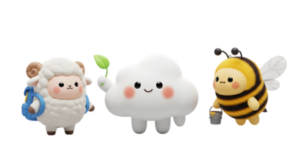 Cute cartoon sheep cloud and bee characters isolated on transparent background
