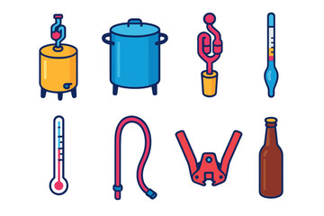 Home Brewing Tools. Home Brewing Equipment modern flat icons set: fermenter, brewing kettle, airlock, hydrometer, thermometer, siphon tube, bottle capper, beer bottle.