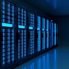 Server room with glowing blue lights reflecting on the floor