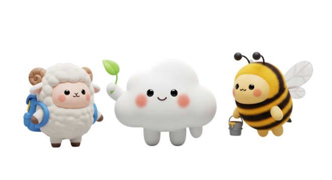 Cute cartoon sheep cloud and bee characters isolated on transparent background