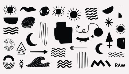 Cosmic Symbol & Element Pack – Eyes, Moons, Waves, Arrows & Abstract Glyphs in Black and White