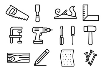 Fototapeta premium Craft Workshop Tools. Craft Workshop linear icon set: saw, chisel, plane, ruler, clamp, drill, screwdriver, mallet, wood plank, pencil, sandpaper, nails.