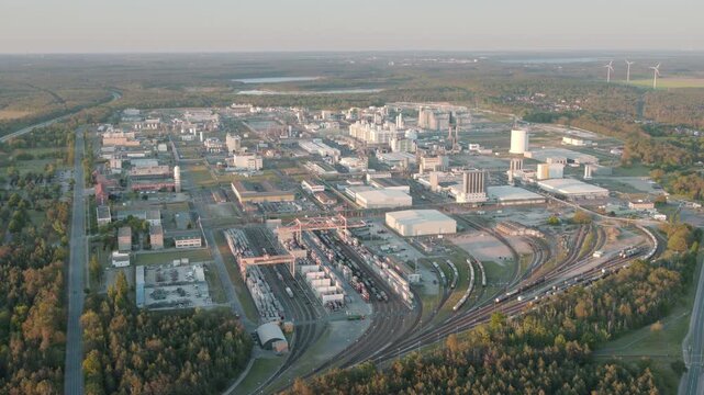 Drone flight over BASF Schwarzheide during nice sunset