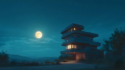 Obraz premium A modern geometric house glows under a bright full moon on a serene mountainous night landscape