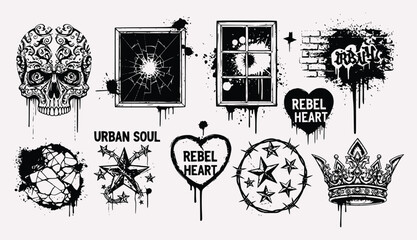 Urban Graffiti Symbol Pack – Rebel Hearts, Skulls, Bullet Holes & Street Art Icons in Black and White