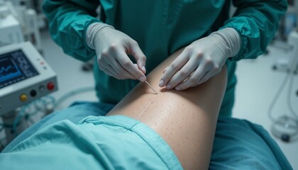 Post-procedure closure — surgeon’s hands applying vascular closure device to femoral puncture site