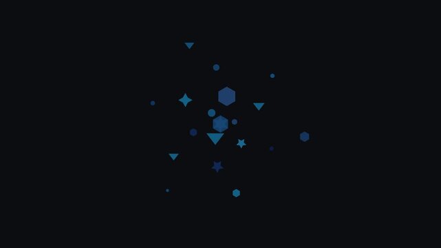 Abstract dark background with scattered blue geometric shapes including hexagons, triangles, stars, and circles