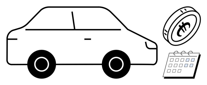 Vehicle, coin, and calendar highlight financial planning, car expenses, budgeting, payment scheduling, leasing, time organization, and automotive economy in a simple flat metaphor