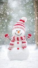Cheerful Snowman With a Red and White Hat in a Snowy Forest During Winter