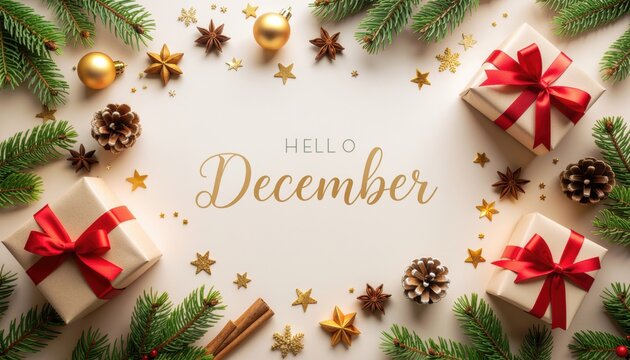 Festive holiday decorations and gifts celebrating december visual content cozy atmosphere aerial view seasonal cheer