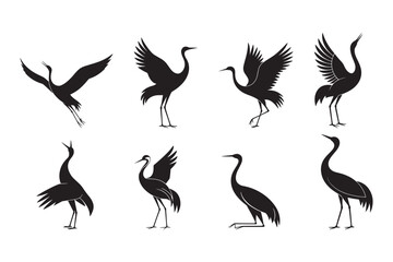 Crane bird silhouettes collection, elegant heron poses, flying and standing birds, wildlife illustration, nature animal design, graceful bird vector
