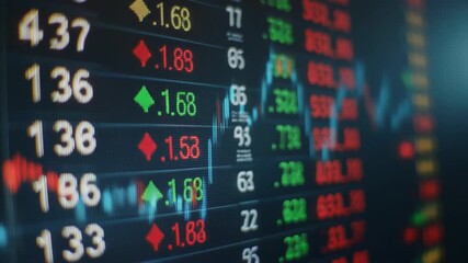 Close-up view of a digital screen displaying real-time stock market data with numbers and fluctuating prices indicated by green and red arrows. - Powered by Adobe