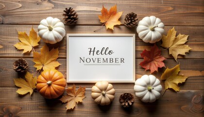 Celebrating autumn colors november decorations with pumpkins and leaves cozy home environment aesthetic flat lay view