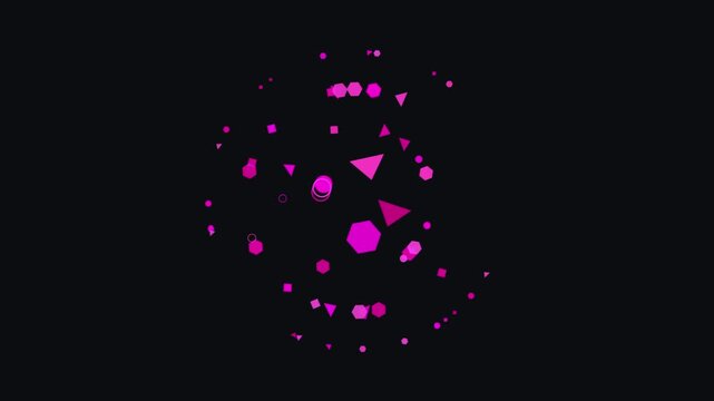 Abstract explosion of pink geometric shapes and circles against a dark background, digital art
