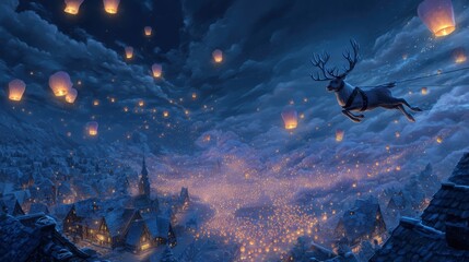 Naklejka premium Glowing paper lanterns drift above snowy forest at twilight with sparkly particles and dreamy haze, blue purple palette and soft depth, concept of magical holiday fantasy mood