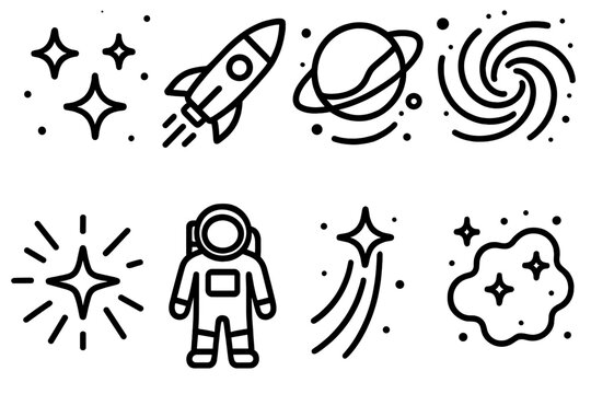 Interstellar Icon Journey. Interstellar Travel linear icon set: starfield, spacecraft, orbiting planet, galaxy core, cosmic rays, astronaut, starlight path, nebula cloud.