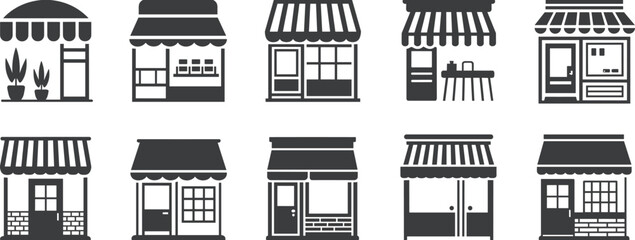 Set of black and white line icons featuring ten stylized storefronts with varied architecture, awnings, and display elements for design