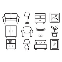 Home interior outline icon set vector