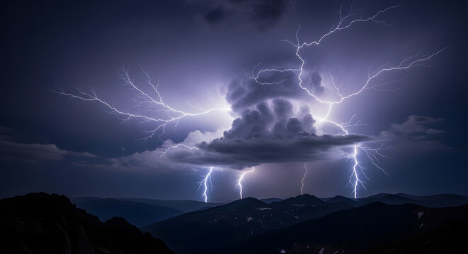 Dramatic lightning storm over mountain range casting an eerie glow across the sky, perfect for conveying power, nature's fury, and climatic intensity in thrilling weather stories