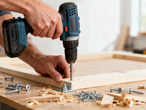 A man is using a power drill to make a hole in a piece of wood