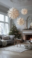 Naklejka premium Cozy Holiday Living Room With a Beautifully Decorated Christmas Tree and Warm Fireplace Glow