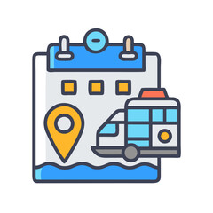 Travel plan with van and location on calendar icon