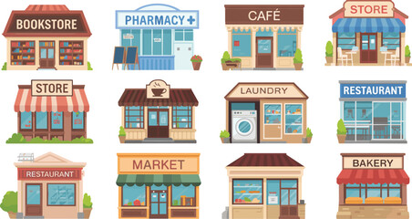 Set of colorful cartoon storefront illustrations featuring bookstore, café, pharmacy, bakery, market, restaurant, laundry, and general stores