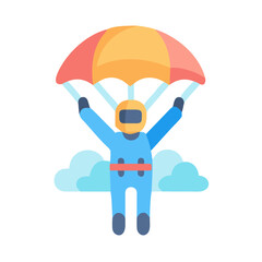 Flat illustration of skydiver with parachute on a black background