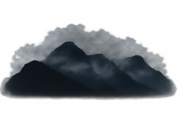 Mountains and fog creating a moody natural landscape atmosphere, an ink wash painting style element with transparent background