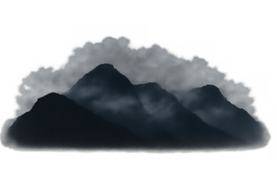 Mountains and fog creating a moody natural landscape atmosphere, an ink wash painting style element with transparent background