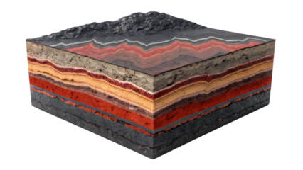 Detailed cross-section showcasing vibrant geological strata layers with distinct textures and colors