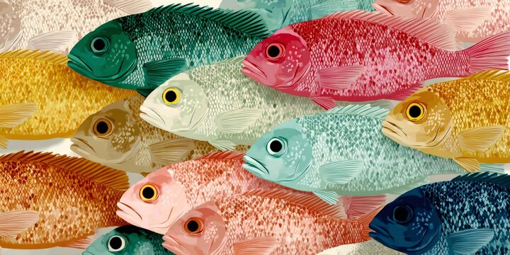 School of colorful fish creating an underwater pattern