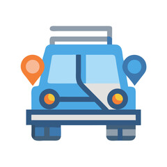 Stylized light blue car with map markers on black background