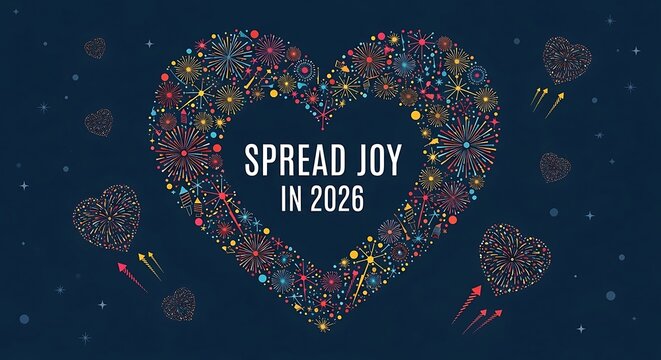 Spread joy concept: A vibrant illustration embodies the message Spread Joy in 2026, showcasing a heart-shaped design crafted from fireworks, celebrating optimism and anticipation.