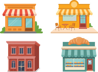 Set of colorful illustrated storefronts featuring coffee shop, café, bakery, and traditional building for retail, design, and urban themes