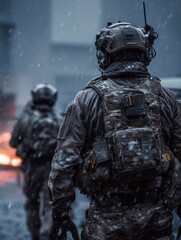 Obraz premium Soldiers in full gear advance through a snowy, fiery battlefield under heavy rain. The scene conveys urgency, resilience, and combat intensity.