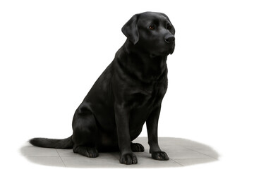 Black labrador retriever sitting quietly, observing, loyal companion, pets and domestic animals concept, transparent background