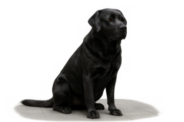 Black labrador retriever sitting quietly, observing, loyal companion, pets and domestic animals concept, transparent background