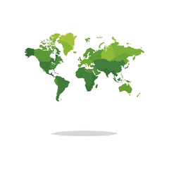 Green World Map Abstract with Shadow, Isolated on White