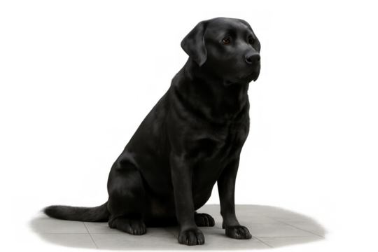 Black labrador retriever sitting quietly, observing, loyal companion, pets and domestic animals concept, transparent background