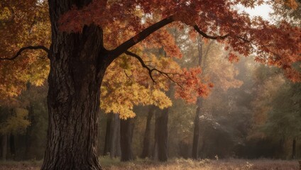 Obraz premium Autumnal Oak Tree in Forest with Colorful Leaves and Sunlight.