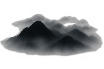 Ink wash painting of mountains in fog and clouds, abstract black and white traditional landscape art on transparent background