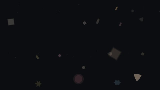 Abstract dark background with scattered geometric shapes and small dots, creating a minimalist cosmic or digital art aesthetic